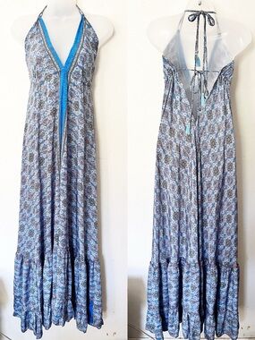 Karma Highway Maxi Dress OS Halter Tassel Tie V Neck Open Back Boho Festival